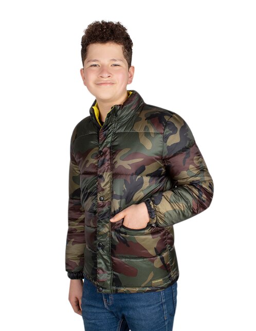 Chamarra puffa camuflaje con gorro